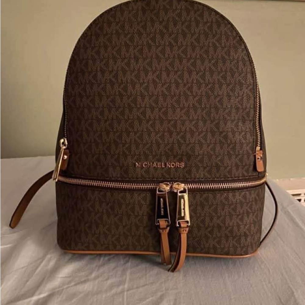 Michael Kors Brown Monogram Dome Backpack with Gold Hardware